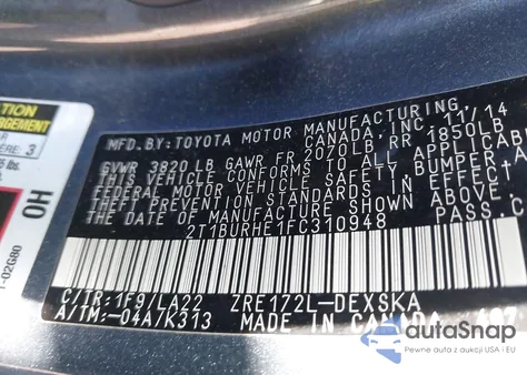 2015 Toyota Corolla S Premium from USA, damaged, VIN 2T1BURHE1FC310948